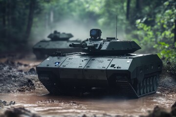 Military tanks maneuvering through muddy terrain in a forest during a training exercise