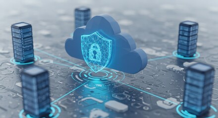 Cloud computing security concept with servers and a shield padlock icon.