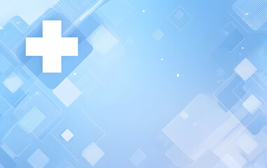 Obraz premium White medical cross floats among geometric shapes on light blue gradient, symbolizing healthcare innovation and modern medicine, creating a clean and professional aesthetic.