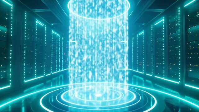 Futuristic Data Center with Holographic Waterfall Display