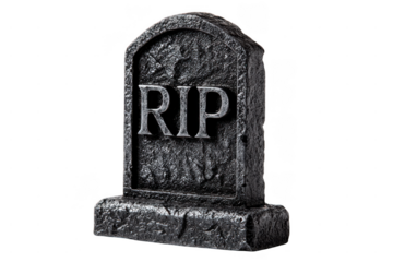 A stone gravestone with the inscription "RIP" carved on its front surface.