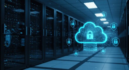 Cloud security icon in a server room with racks and blue lighting.