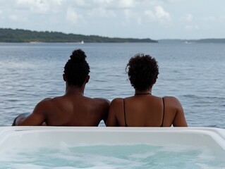 Couple relaxing in luxury cruise ship jacuzzi with Caribbean sea view