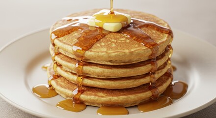 Stack of pancakes with butter and syrup on a white plate.