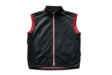 A black sleeveless vest with red trim and a front zipper, designed for active wear or casual use, featuring a subtle textured fabric and a high collar.