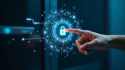 A hand touches a glowing padlock icon on a digital interface, representing cybersecurity.