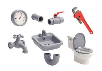 3d icon of set of plumbing tools and fixtures including a toilet, sink, pipes, and wrench, isolated on transparent background