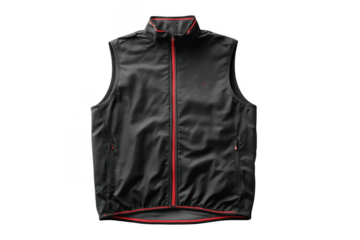 A sleeveless black vest with red zipper and trim, featuring a textured fabric and two zippered side pockets.