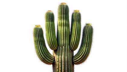 A vibrant, single saguaro cactus stands out against a clean white background, showcasing its distinctive ribbed structure and spiny texture.