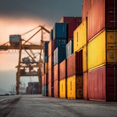 Fototapeta premium Sunset at the Shipping Port: Colorful Cargo Containers