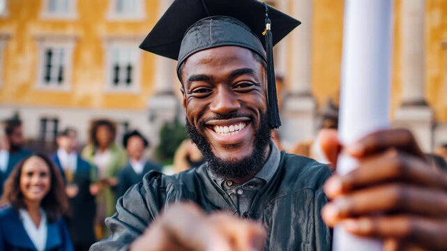 Graduate celebrates achievement with diploma outside, capturing success, happiness, and joyful spirit in education and personal growth.