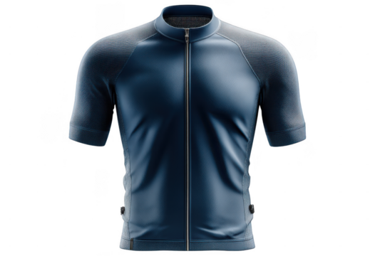 A detailed, short-sleeve cycling jersey with a front zipper, featuring textured sleeves and a smooth body in dark blue color.