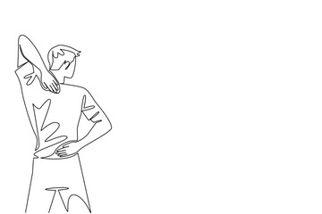 Single one line drawing a man holding her neck and back. Unbearable pain in the back of the neck. Pain. Discomfort. Sickness. Fibromyalgia Awareness Day. Continuous line design graphic illustration