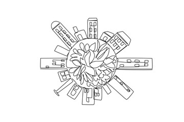 Continuous one line drawing plants in the middle with surrounding buildings surrounding it. Nature remains beautiful. International Day of Plant Health. Single line draw design vector illustration