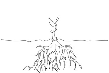 Single continuous line drawing plant shoots with thick roots underground. Strong plant candidates support life on earth. Eco. International Day of Plant Health. One line design vector illustration