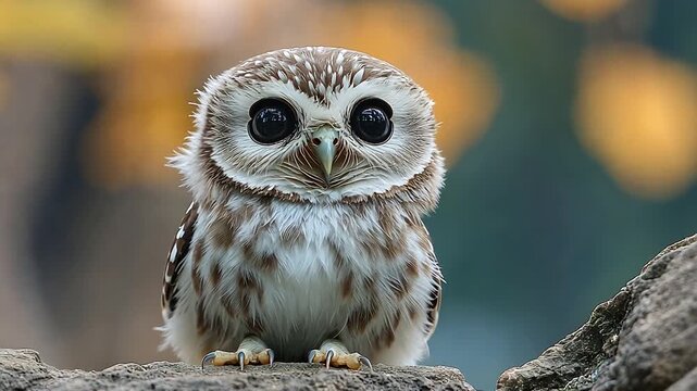 A tiny, fluffy owlet with enormous black eyes perches on a rocky ledge, staring intently forward against a beautifully blurred, warm-toned forest background.