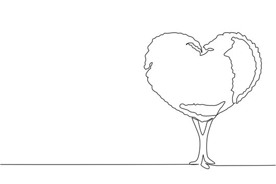 Single one line drawing large tree with heart shaped trunk and leaves. Formed to love nature. Stay sustainable. Eco. International Day of Plant Health. Continuous line design graphic illustration