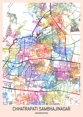 Naklejka premium Chhatrapati Sambhajinagar Maharashtra City Map. downtown tourism, house art travel, scenic metropolis concept, travel art city, patriotic abstract banner