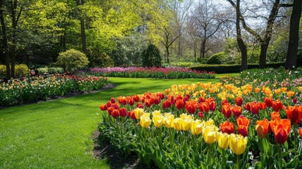 Colorful Tulip Garden with Lush Greenery and Bright Sunlight