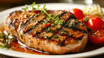 Grilled Steak with Fresh Herbs and Cherry Tomatoes on Plate