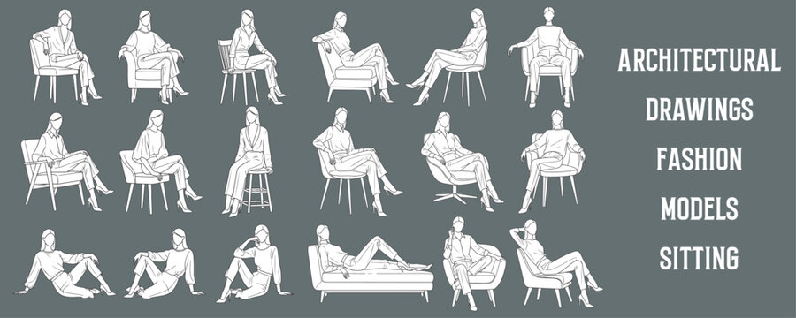 Architectural drawings of fashion models sitting in chairs, stools, and relaxed lounge poses, minimal hand drawn vector illustration for modern design, architectural sections, elevations
