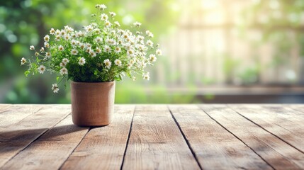 Bright Flowers in Pot on Wooden Table with Soft Natural Background
