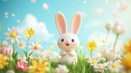 Cute Cartoon Rabbit Surrounded by Colorful Flowers in Sunny Meadow
