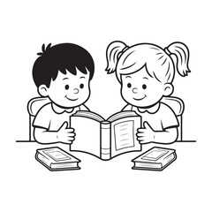 Two happy children reading a book together at a table with more books silhouette