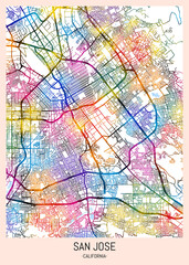 San Jose USA City Map. downtown tourism, house art travel, scenic metropolis concept, travel art city, patriotic abstract banner