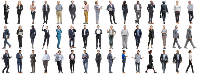 Set of business people in various actions on isolated background. Businesspeople, businesswomen, businessmen office worker in full body length studio professional shot in casual and formal wear