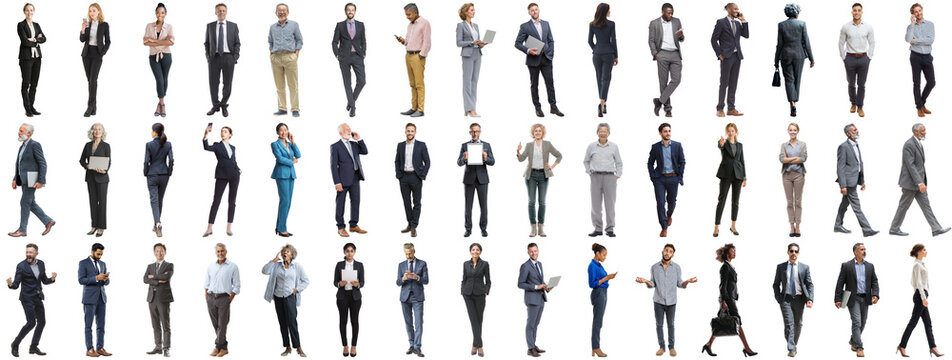 Set of business people in various actions on isolated background. Businesspeople, businesswomen, businessmen office worker in full body length studio professional shot in casual and formal wear