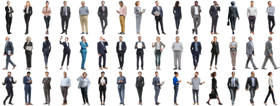 Set of business people in various actions on isolated background. Businesspeople, businesswomen, businessmen office worker in full body length studio professional shot in casual and formal wear