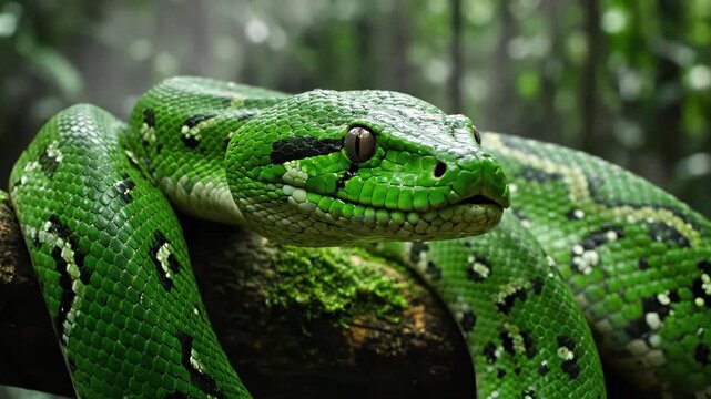 Green tree python gracefully coils around a branch, showcasing vibrant scales and striking patterns, while flicking its tongue in a lush, misty rainforest environment