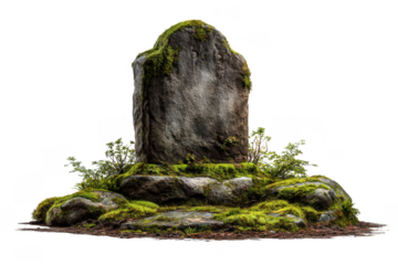A weathered moss-covered gravestone stands atop a stone base, surrounded by small plants and soil, showing signs of age and nature's reclaim.
