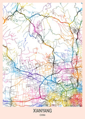 Xianyang China City Map. downtown tourism, house art travel, scenic metropolis concept, travel art city, patriotic abstract banner