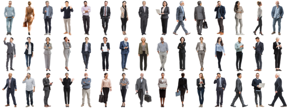 Set of business people in various actions on isolated background. Businesspeople, businesswomen, businessmen office worker in full body length studio professional shot in casual and formal wear