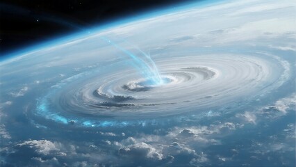 Breathtaking Cosmic Scene of Planet with Swirling Vortex and Blue Energy Streams, Perfect for Sci - Fi Enthusiasts