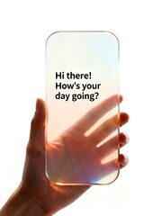 Transparent Futuristic Phone with "Hi there! How's your day going?" Message, Great for Tech and Communication Enthusiasts