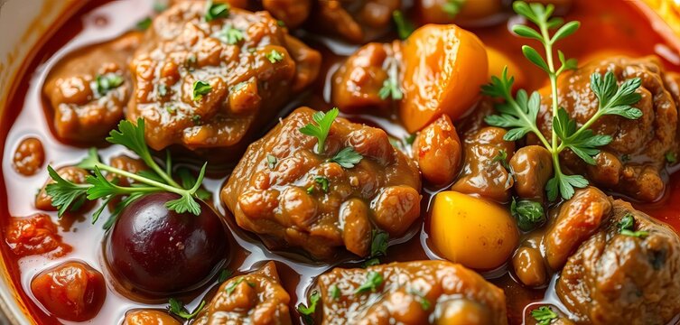Close-up of savory lamb chakapuli stew, garnished with fresh tarragon and sour plums, ready to serve,  tasty,  herbs