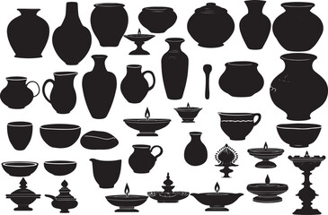 A collection of ceramic vases and black silhouette beverage icons with a variety of drink glasses, mugs, and wine bottles