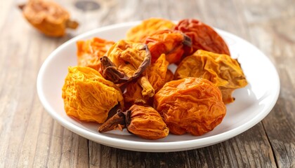 A close-up view of a plate piled high with vibrant orange dried fruits, showcasing their wrinkled texture and warm tones against a rustic wooden surface.