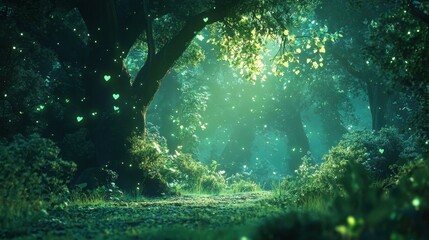Enchanted Forest with Green Light and Heart-shaped Leaves