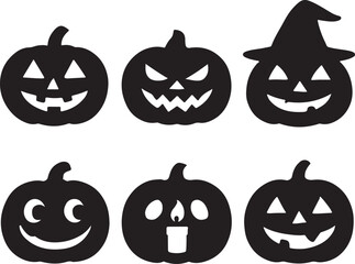 Obraz premium Set of Halloween pumpkin silhouettes – spooky black pumpkin icons with scary faces for festive decorations