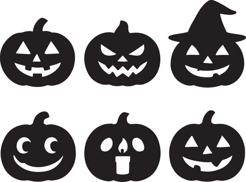 Set of Halloween pumpkin silhouettes &ndash; spooky black pumpkin icons with scary faces for festive decorations