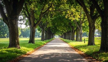 A serene path lined with lush green trees, bathed in sunlight, creates a tranquil and peaceful atmosphere.
