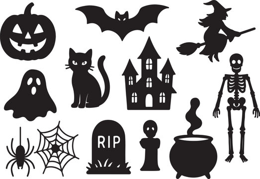 Set of Halloween silhouettes &ndash; spooky black icons of ghosts, pumpkins, bats, witches, haunted houses, black cats, spiders, and creepy elements for festive decorations