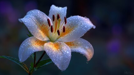 Delicate white lily, dew drops, vibrant