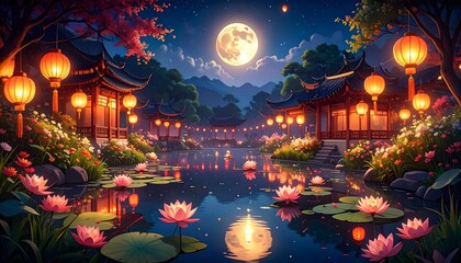 Asian Garden with Pagodas and Full Moon