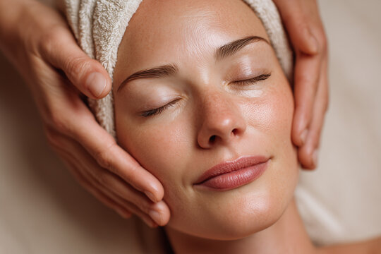 Woman with closed eyes receiving relaxing facial massage in spa salon, professional therapist hands, calm and soothing wellness atmosphere