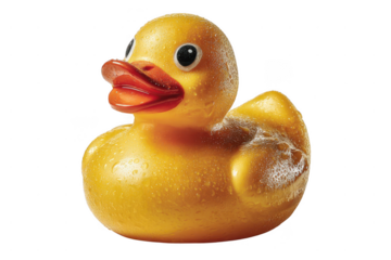 A yellow rubber duck with water droplets on its surface, featuring a bright orange beak and big round eyes.